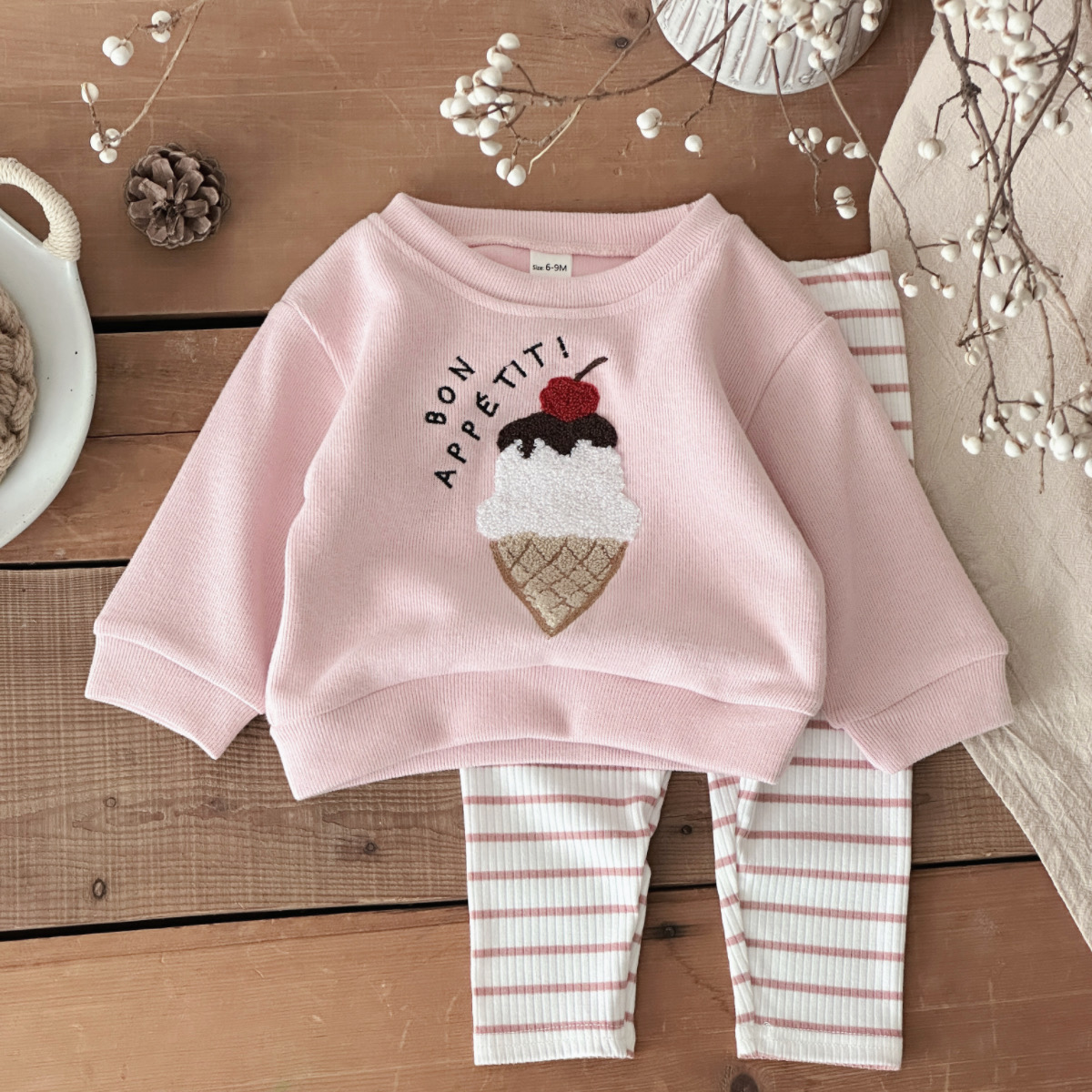 Baby Food Jelly - ชุดเสื้อผ้าเด็กแรกเกิด 2 ชิ้น เสื้อผ้าเด็กทารก ชุดเสื้อผ้าลายไอศกรีม+กางเกงลายทาง สำหรับเด็กอายุ
