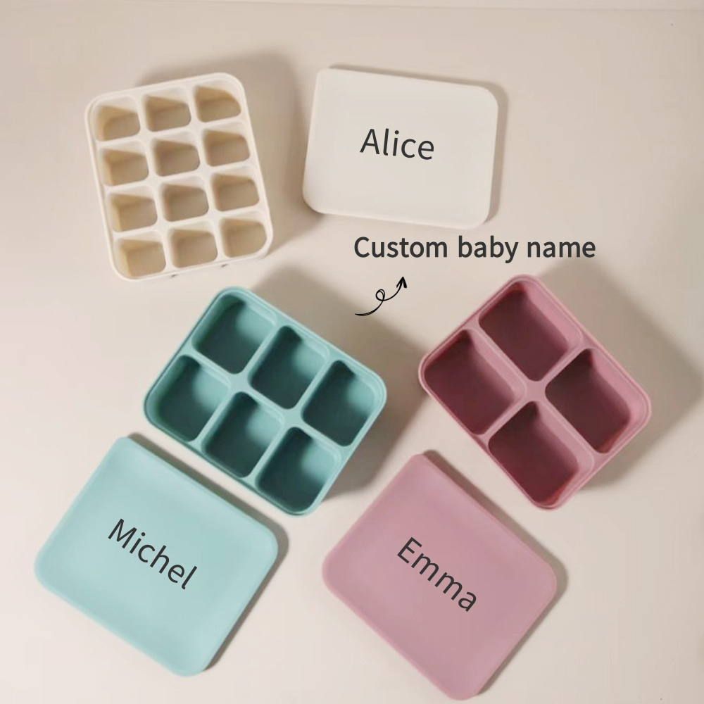 Freezer Tray Baby - ถาดแช่อาหารเด็กแบบส่วนตัวพร้อมชื่อ, แม่พิมพ์น้ำแข็งซิลิโคนปลอดสาร BPA 12 ช่องสำหรับทำอาหารเด็กและน้ำซุปข้นแบบโฮมเมด