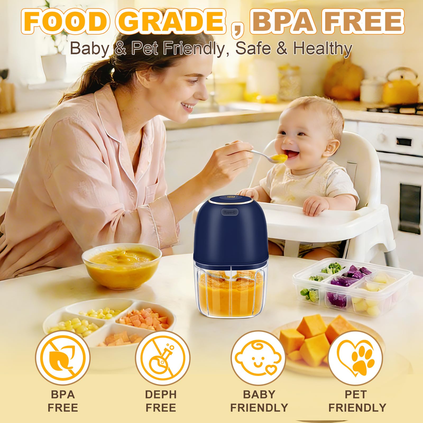 Baby Food With Meat - เครื่องบดกระเทียมไฟฟ้า, เครื่องเตรียมอาหารขนาดเล็กไร้สาย สำหรับบดกระเทียม, หัวหอม, เนื้อสัตว์, อาหารเด็ก,