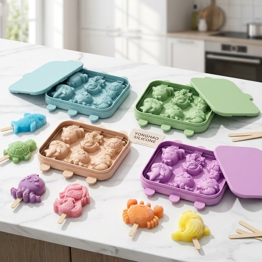 Baby Food Jelly - แม่พิมพ์ซิลิโคนรูปสัตว์ทะเลนางเงือก 6 ช่อง พร้อมฝาปิด ถาดนึ่งอาหารเสริมสำหรับเด็ก อุปกรณ์ตกแต่งเค้กช็อกโกแลตและเยลลี่