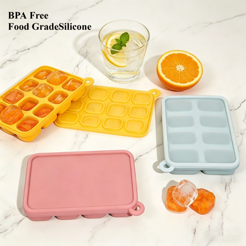 Freezer Tray Baby - ถาดแช่อาหารเด็กซิลิโคนแพลตตินั่มพร้อมฝาปิด 8/12 ช่อง แม่พิมพ์ทำน้ำแข็งแบบถอดง่าย ปลอดสาร BPA