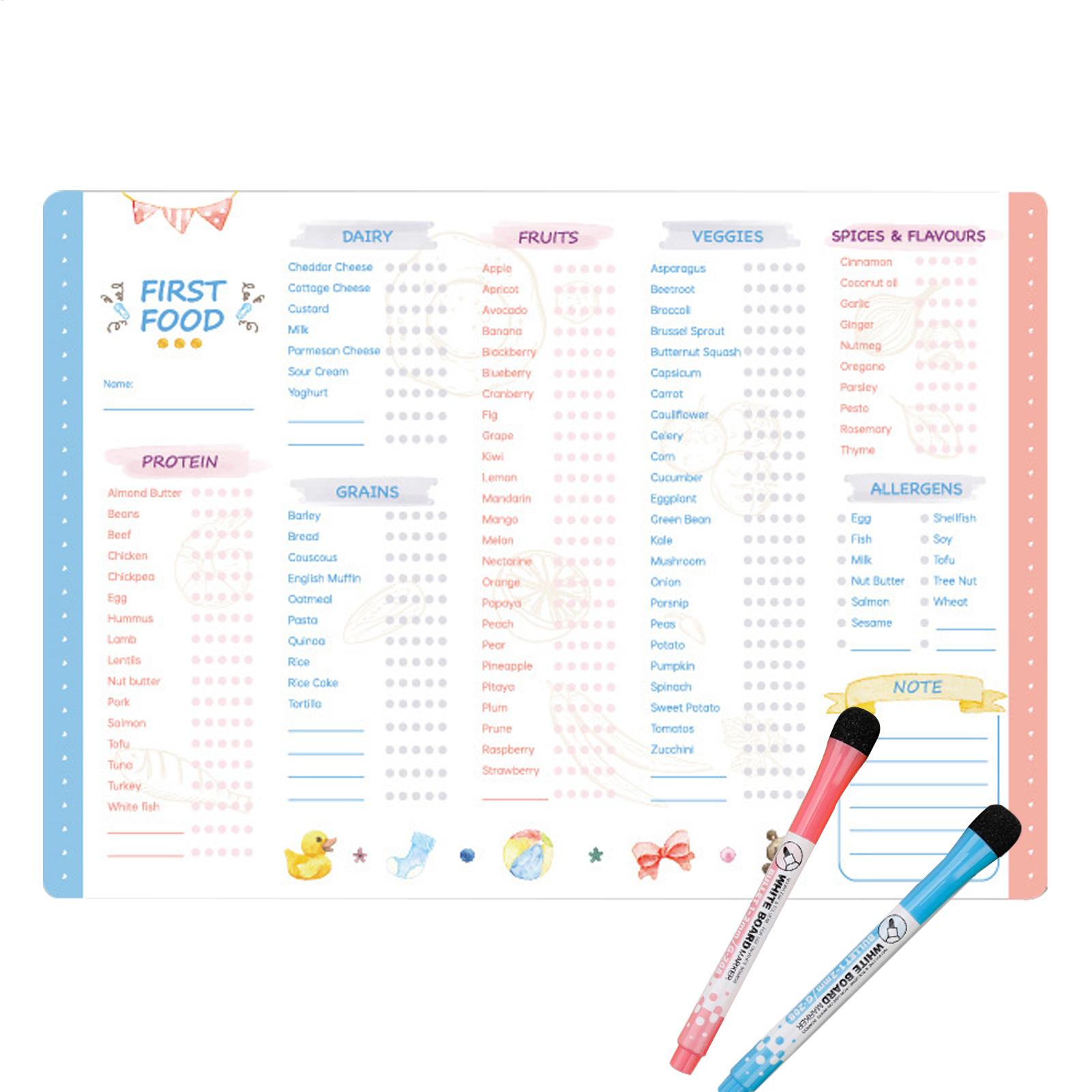 Baby Food List - แผนภูมิอาหารสำหรับเด็กแรกเกิด แผ่นแม่เหล็กตรวจสอบอาหารสำหรับเด็กแรกเกิด แผ่นติดตามอาหารสำหรับเด็กแรกเกิดอเนกประสงค์ แผ่นวางแผนอาหารแม่เหล็กแบบทำซ้ำได้