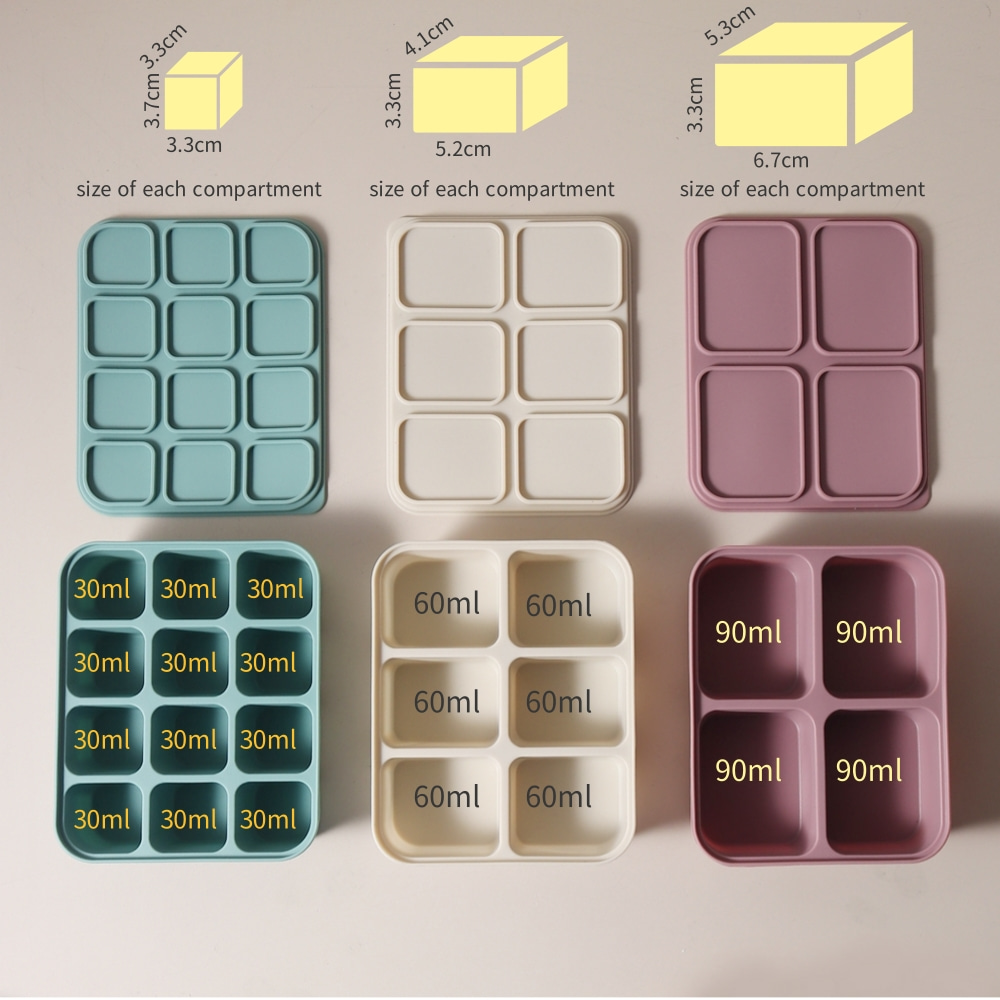 Freezer Tray Baby - ถาดน้ำแข็งซิลิโคนสำหรับเด็กพร้อมฝาปิด แม่พิมพ์น้ำแข็งแบบยืดหยุ่นสำหรับเครื่องดื่ม แม่พิมพ์เก็บอาหารเด็ก ปลอดสาร BPA