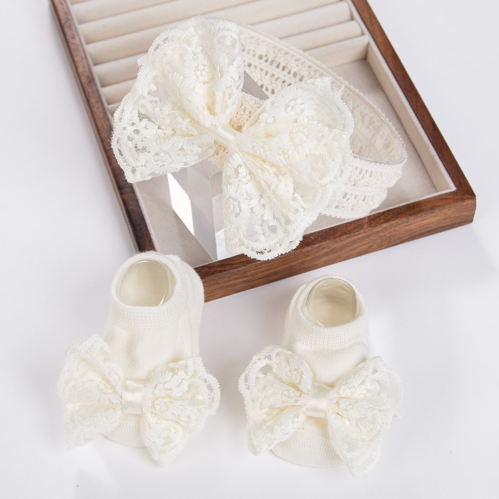 Baby Food Jelly - 3 ชิ้น/เซ็ตครีมลูกไม้เด็กHeadbandsและถุงเท้าทารกแรกเกิดเจ้าหญิงกว้างRhinestone Pearl Eastic Hairbandsเด็กHeadwear Photo